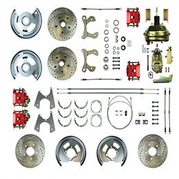 1958-64 FRONT AND REAR DISC BRAKE CONVERSION, SMALL BLOCK, WITH RED CALIPERS AND DRILLED AND SLOTTED ROTORS (kit)