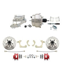 1959-1964 GM Full Size Front Disc Brake Kit Red Powder Coated Calipers Drilled/Slotted Rotors (Impala, Bel Air, Biscayne) & 8" Dual Chrome Booster Conversion Kit w/ Flat Top Chrome Master Cylinder Left Mount Disc/ Drum Proportioning Valve Kit