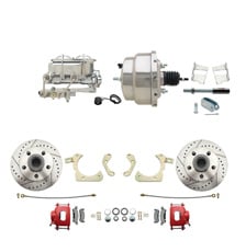 1959-1964 GM Full Size Front Disc Brake Kit Red Powder Coated Calipers Drilled/Slotted Rotors (Impala, Bel Air, Biscayne) & 8" Dual Chrome Booster Conversion Kit w/ Chrome Master Cylinder Bottom Mount Disc/ Drum Proportioning Valve Kit