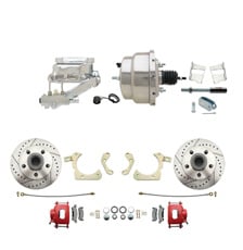 1959-1964 GM Full Size Front Disc Brake Kit Red Powder Coated Calipers Drilled/Slotted Rotors (Impala, Bel Air, Biscayne) & 8" Dual Stainless Steel Booster Conversion Kit w/ Chrome Flat Top Master Cylinder Left Mount Disc/ Drum Proportioning Valve Kit