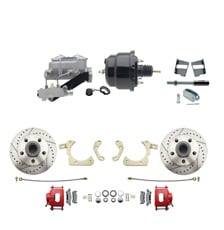 1959-1964 GM Full Size Front Disc Brake Kit Red Powder Coated Calipers Drilled/Slotted Rotors (Impala, Bel Air, Biscayne) & 8" Dual Powder Coated Black Booster Conversion Kit w/ Aluminum Master Cylinder Left Mount Disc/  Drum Proportioning Valve Kit