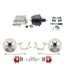 1959-1964 GM Full Size Front Disc Brake Kit Red Powder Coated Calipers Drilled/Slotted Rotors (Impala, Bel Air, Biscayne) & 8" Dual Powder Coated Black Booster Conversion Kit w/Chrome Flat Top Master Cylinder Bottom Mount Disc/Drum Proportioning Valve Kit