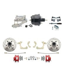 1959-1964 GM Full Size Front Disc Brake Kit Red Powder Coated Calipers Drilled/Slotted Rotors (Impala, Bel Air, Biscayne) & 8" Dual Powder Coated Black Booster Conversion Kit w/ Chrome Flat Top Master Cylinder Left Mount Disc/Drum Proportioning Valve Kit