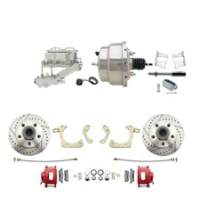 1959-1964 GM Full Size Front Disc Brake Kit Red Powder Coated Calipers Drilled/Slotted Rotors (Impala, Bel Air, Biscayne) & 8" Dual Stainless Steel Booster Conversion Kit w/ Chrome Master Cylinder Left Mount Disc/ Drum Proportioning Valve Kit