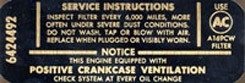 1967 AIR CLEANER SERVICE DECAL, 283 W/AC
