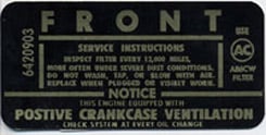 1959-65 AIR CLEANER SERVICE DECAL, 283/327/348 W/4BBL.