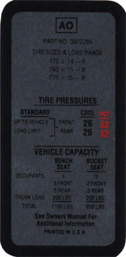 1969-70 TIRE PRESSURE DECAL