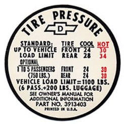 1967 TIRE PRESSURE DECAL