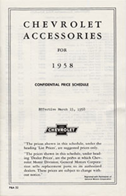 1958 ACCESSORIES LIST (ea)