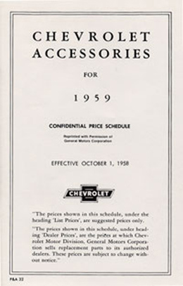 1959 ACCESSORIES LIST (ea)