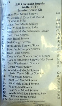 1959 INTERIOR SCREW KIT, 4 DR HT, 127 PCS