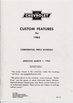 1962 ACCESSORIES LIST (ea)