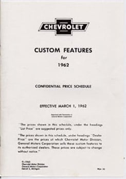 1962 ACCESSORIES LIST (ea)