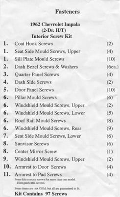 1962 INTERIOR SCREW KIT, HARDTOP, 89 PCS