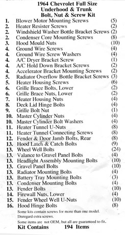 1964 UNDER HOOD & TRUNK BOLT KIT(194 pcs) (set) Click image to zoom. AddThis Sharing Buttons Share to TumblrShare to FacebookShare to TwitterShare to PrintShare to More 1964 UNDER HOOD & TRUNK BOLT KIT