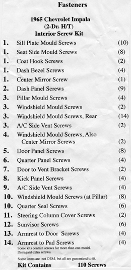 1965 INTERIOR SCREW KIT, HARDTOP, 102 PCS