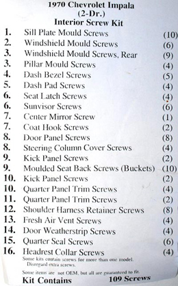 1970 INTERIOR SCREW KIT, HARDTOP, 109 PCS (ea)