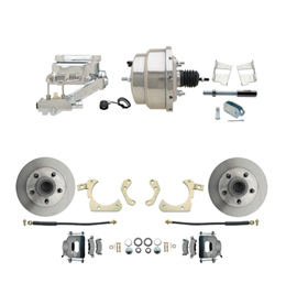 1959-1964 GM Full Size Front Disc Brake Kit (Impala, Bel Air, Biscayne) & 8" Dual Stainless Steel Booster Conversion Kit w/ Chrome Flat Top Master Cylinder Left Mount Disc/ Drum Proportioning Valve Kit