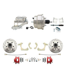 1959-1964 GM Full Size Front Disc Brake Kit Red Powder Coated Calipers Drilled/Slotted Rotors (Impala, Bel Air, Biscayne) & 8" Dual Chrome Booster Conversion Kit w/ Chrome Master Cylinder Left Mount Disc/ Drum Proportioning Valve Kit