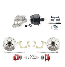 1959-1964 GM Full Size Front Disc Brake Kit Red Powder Coated Calipers Drilled/Slotted Rotors (Impala, Bel Air, Biscayne) & 8" Dual Powder Coated Black Booster Conversion Kit w/ Chrome Master Cylinder Left Mount Disc/ Drum Proportioning Valve Kit