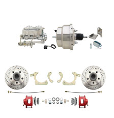 1959-1964 GM Full Size Front Disc Brake Kit Red Powder Coated Calipers Drilled/Slotted Rotors (Impala, Bel Air, Biscayne) & 8" Dual Stainless Steel Conversion Kit w/ Chrome Master Cylinder Bottom Mount Disc/  Drum Proportioning Valve Kit